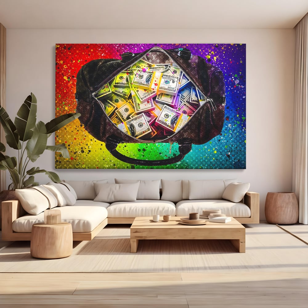 Tablou canvas cu tablou canvas cu geanta plina de bani, fara rama, pe sasiu de lemn, pe perete intr-un living